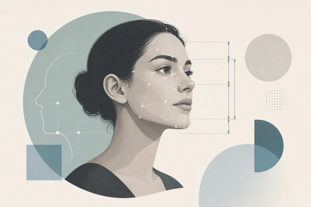 Editorial illustration of an AI pretty scale test reading facial balance from a portrait photo
