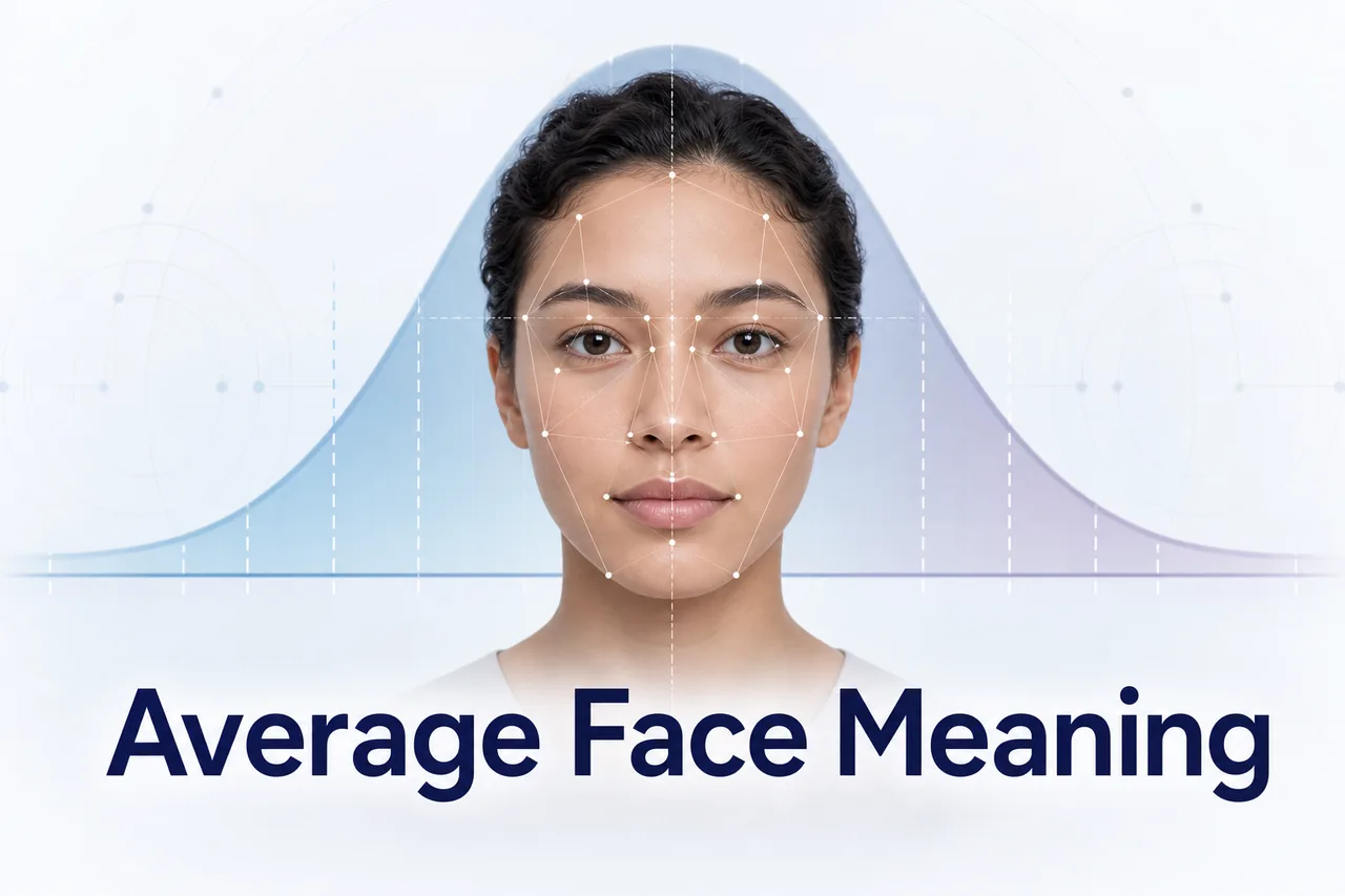 Illustration of an average face with AI facial landmarks and a bell curve showing normal face analysis