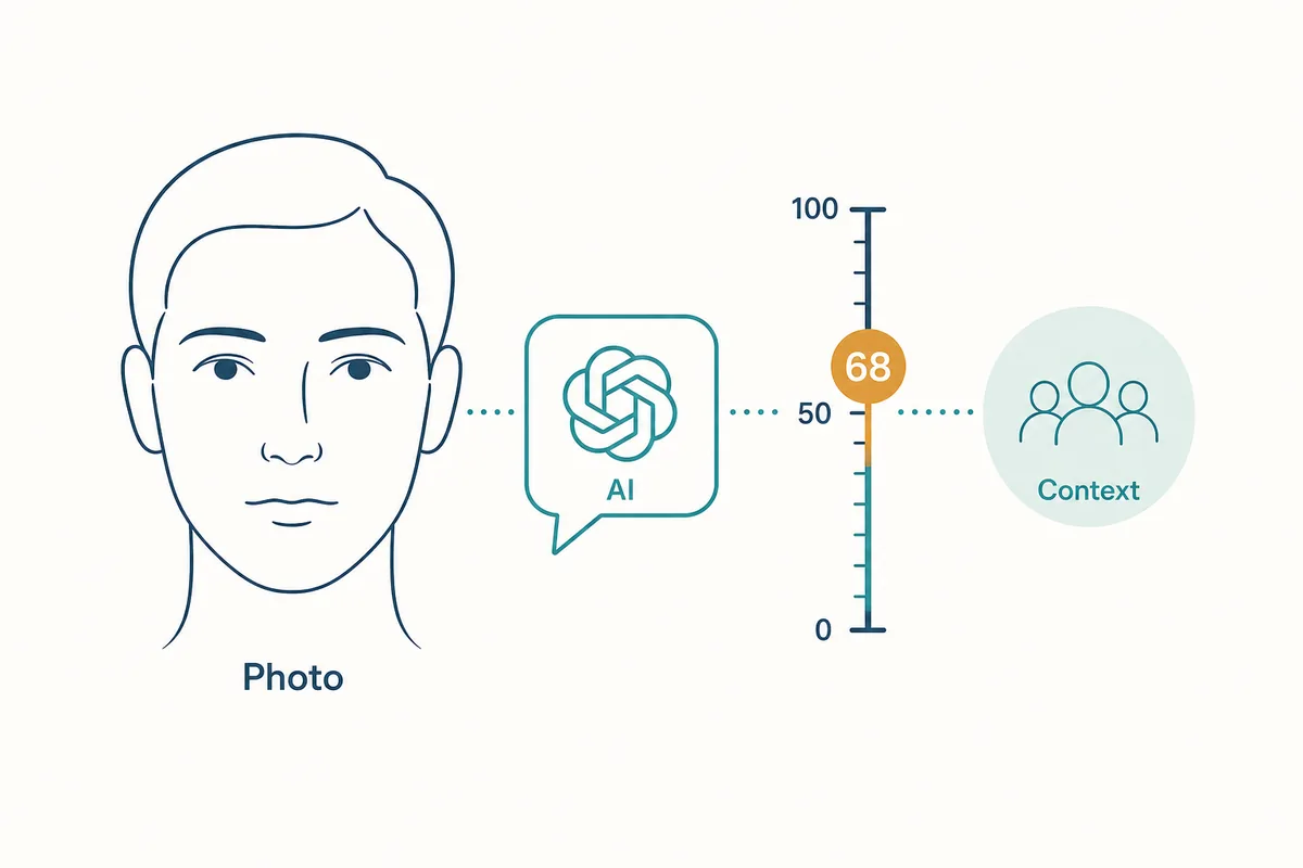 Editorial illustration of a ChatGPT attractiveness test with a calm face outline, chat bubble, and measurement scale