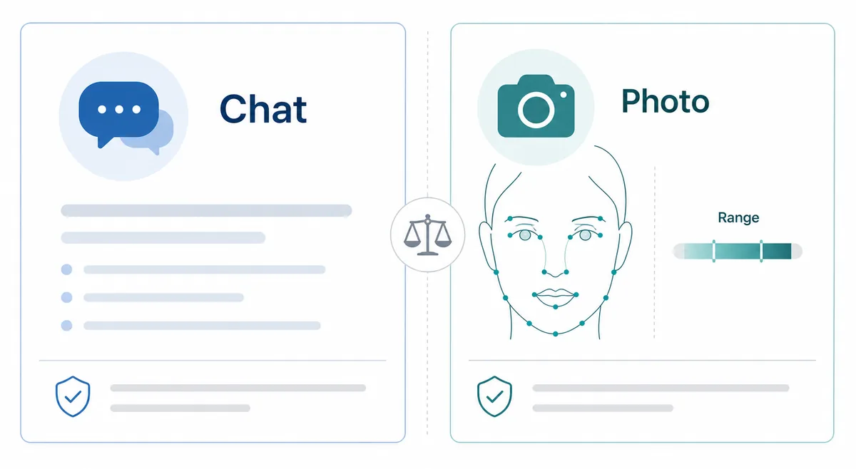 Comparison graphic showing ChatGPT guidance versus a dedicated AI face rater for photo-based attractiveness testing