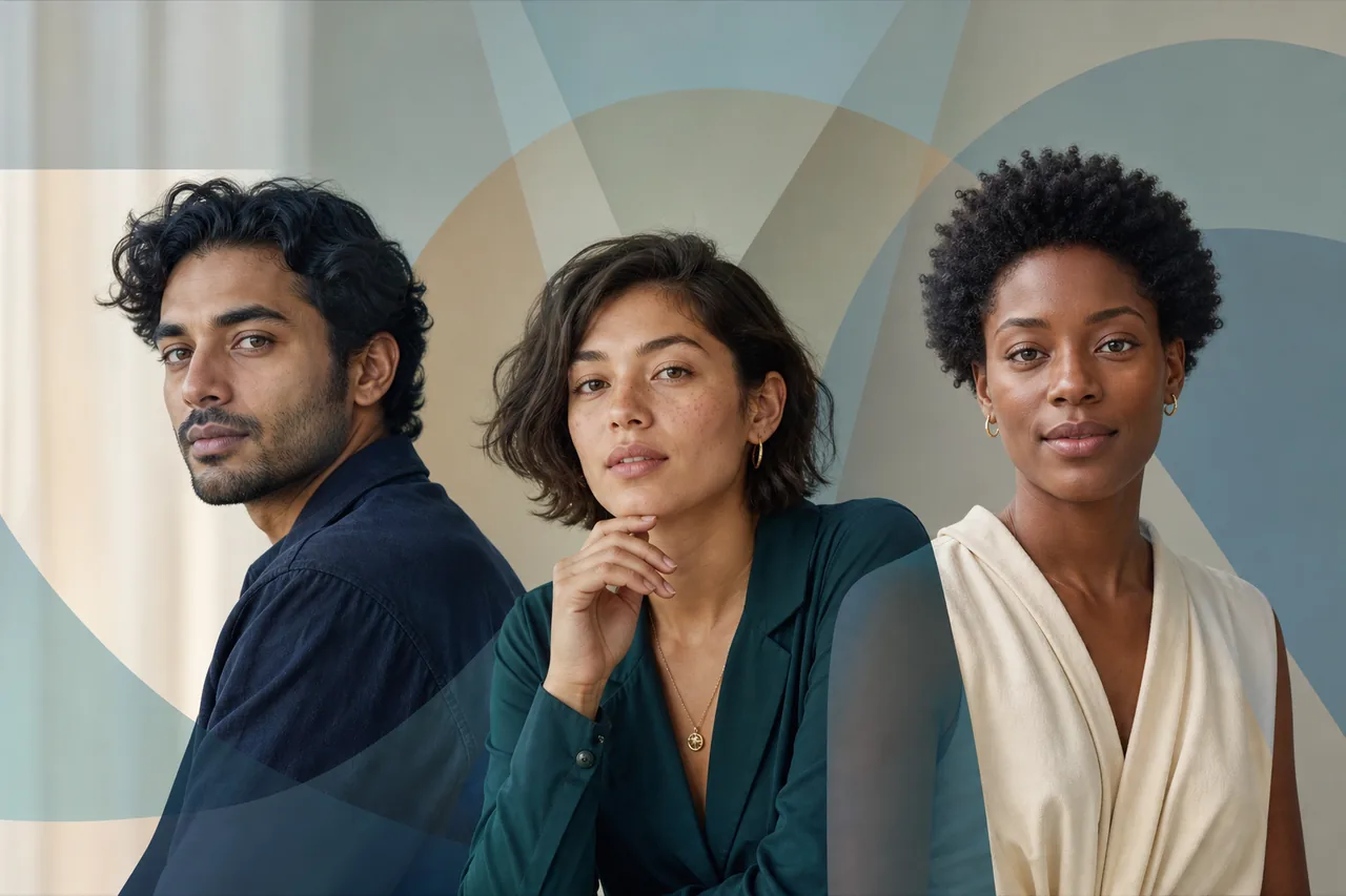 Three diverse adults with abstract shapes representing proportion, familiarity, and cultural context