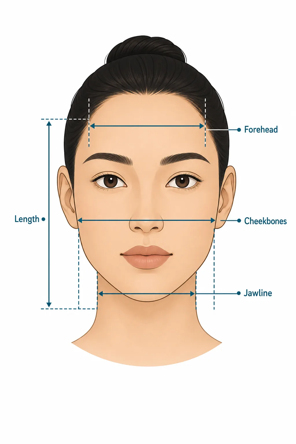 Editorial face shape test diagram showing face length, forehead, cheekbones, and jawline measurements