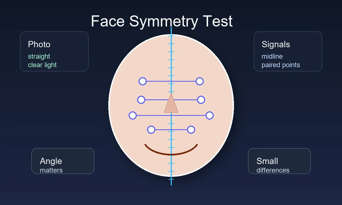 Clean face symmetry test diagram showing a centered face, vertical midline, matching landmark pairs, and photo quality checks