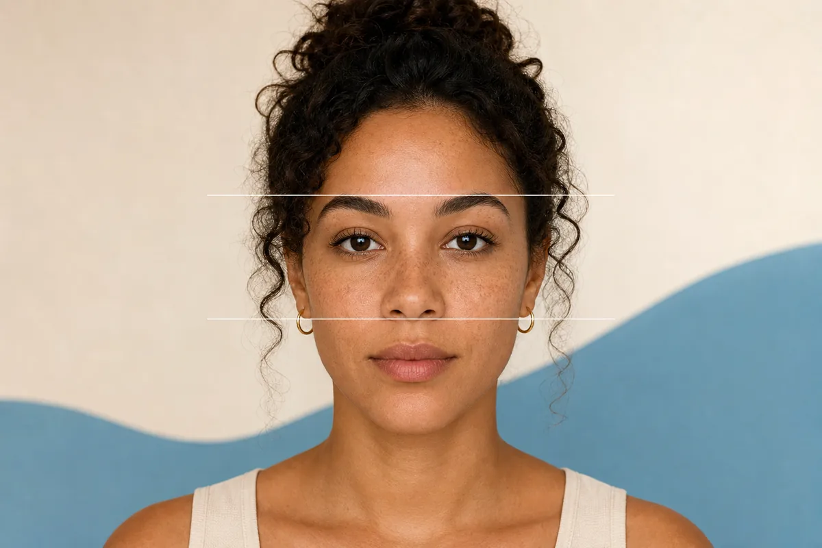 Front-facing portrait with guide lines showing the three vertical regions used in facial thirds analysis
