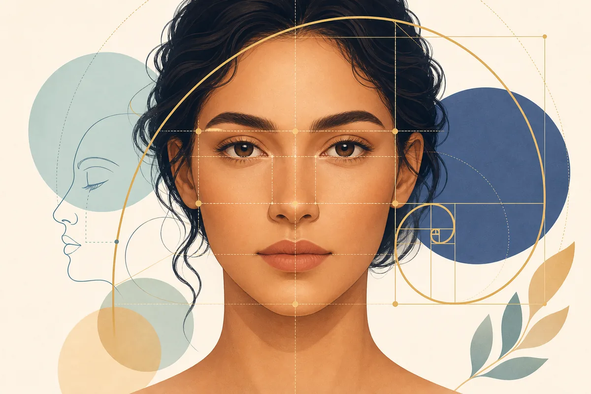 Editorial illustration of facial proportion lines and a golden spiral around a neutral face