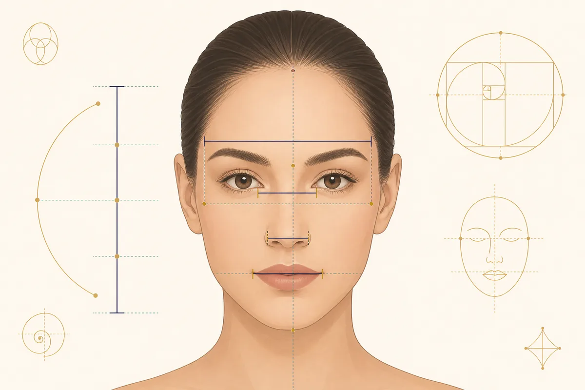 Neutral front-facing illustrated portrait with lines for face length, width, eye spacing, nose width, and mouth width
