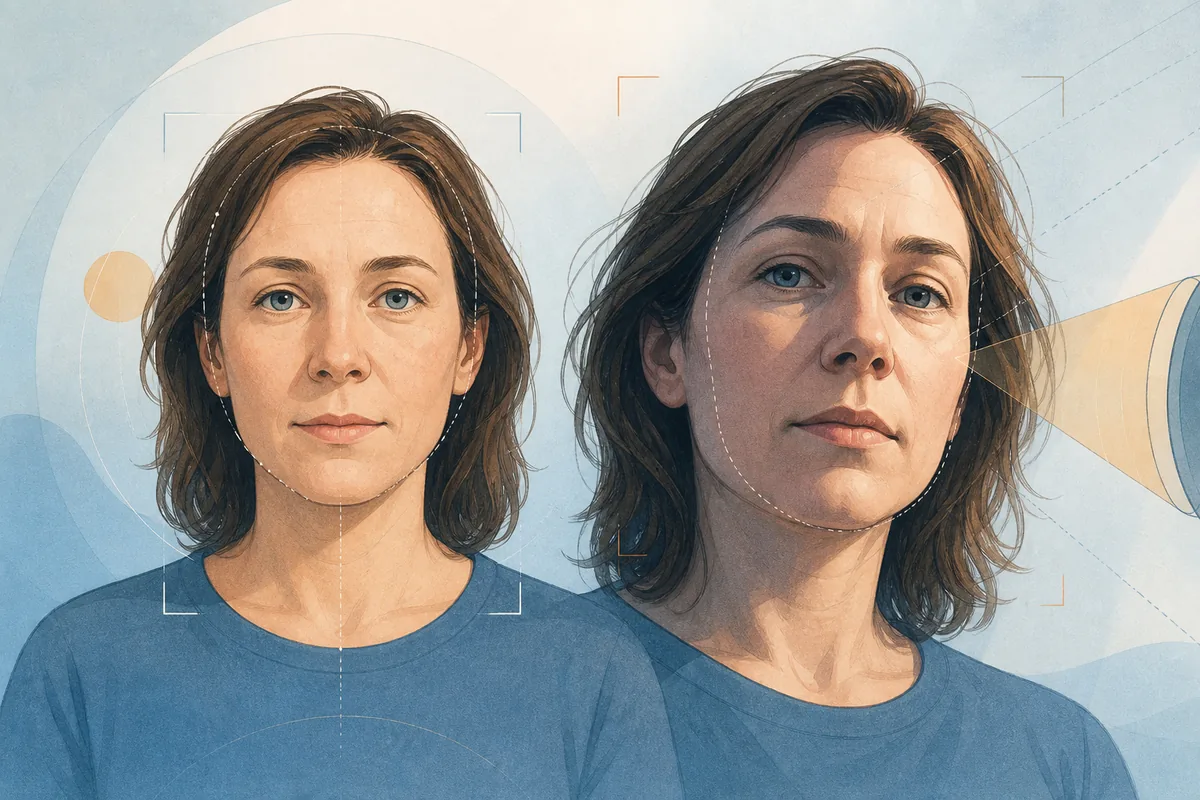Editorial illustration of an AI age guesser comparing a portrait with an approximate age range