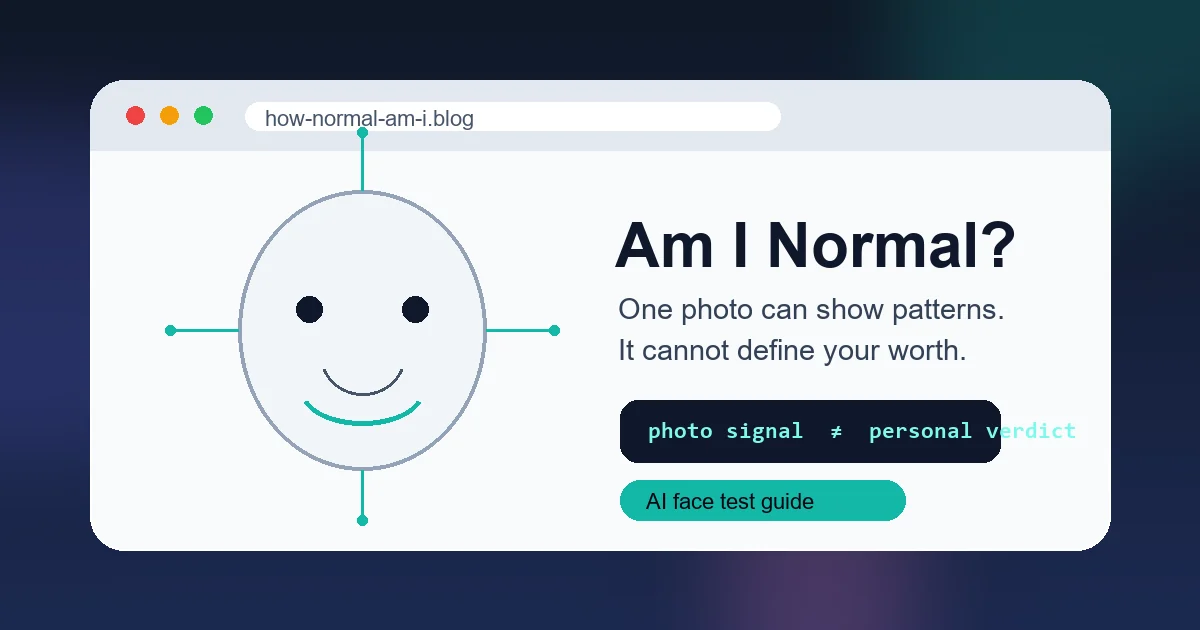 Illustration showing an AI face test result, a confidence meter, and photo-condition checks for accuracy