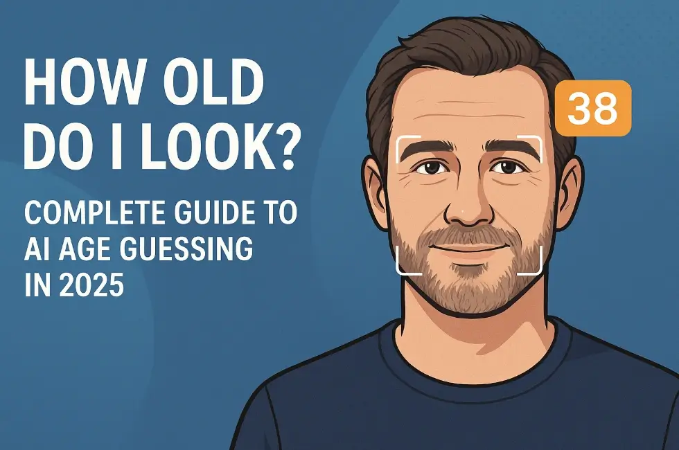 Illustration of an AI age guesser analyzing a portrait photo with age markers and a result scale