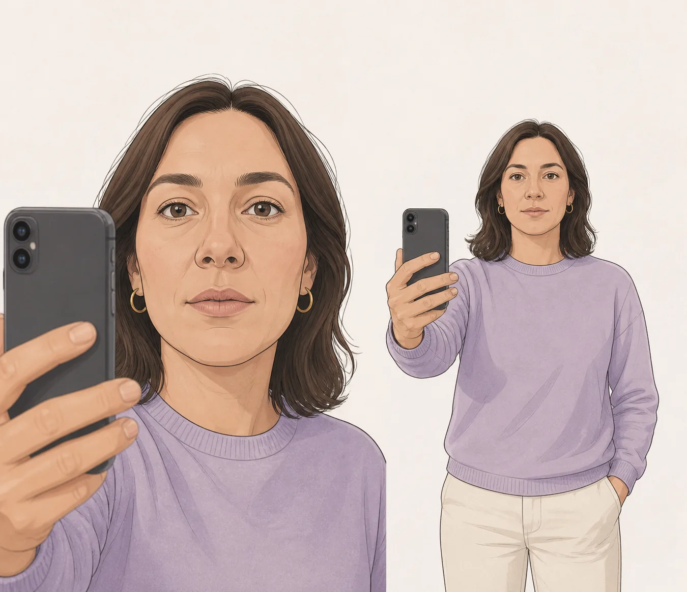 Editorial illustration showing how a close phone camera can exaggerate facial proportions compared with a farther portrait