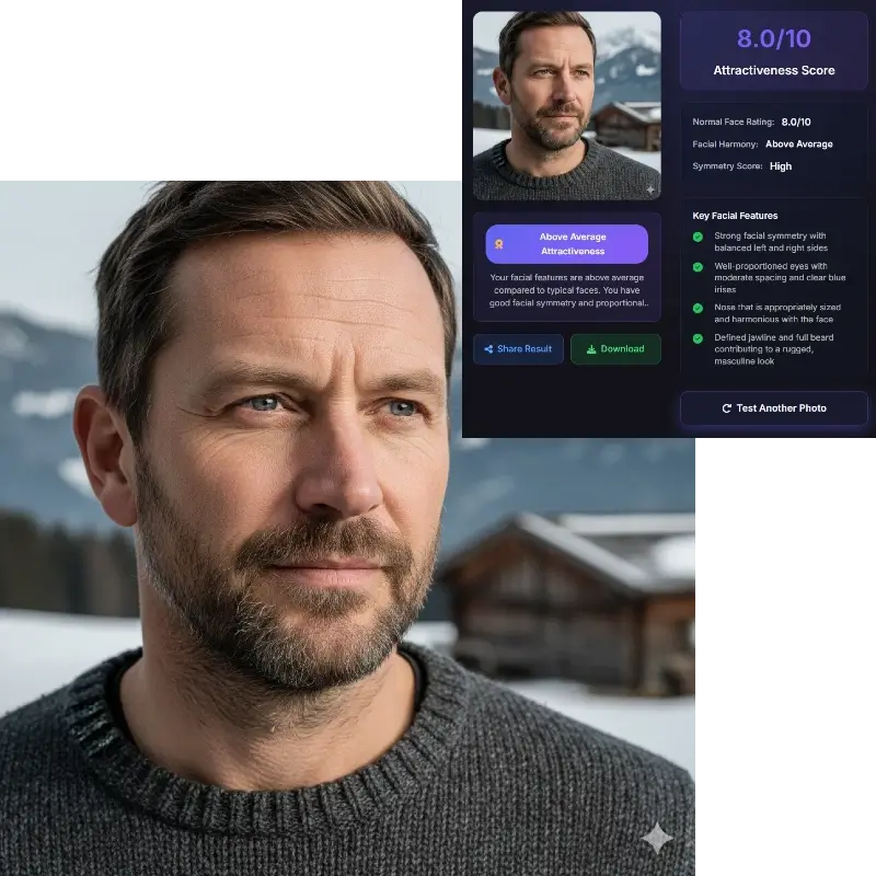 How normal am I test - man with beard scoring 8.0 attractiveness, highly attractive rating