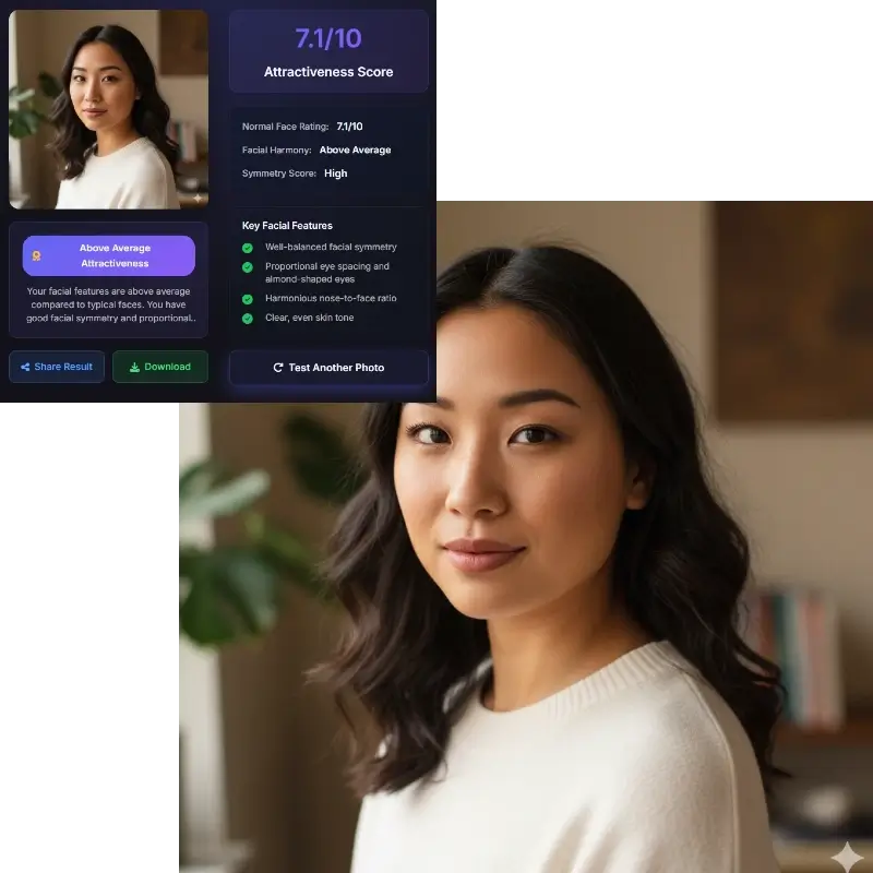 Am I normal AI - Asian woman scoring 7.1 attractiveness, above average normal face rating