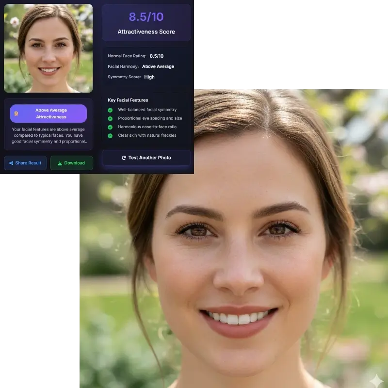 How normal am I AI test - blonde woman scoring 8.5 attractiveness, highly attractive result