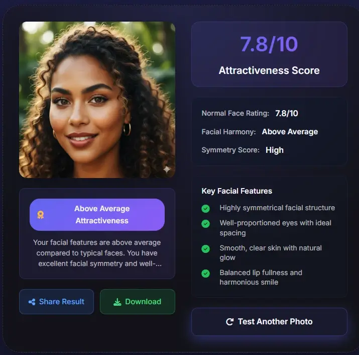 How normal am I AI score 7.8 - above average attractiveness with curly hair