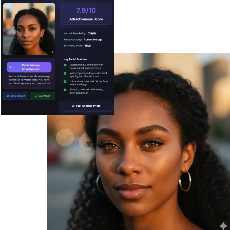 How attractive am I AI - woman with curly hair scoring 7.9 attractiveness, above average