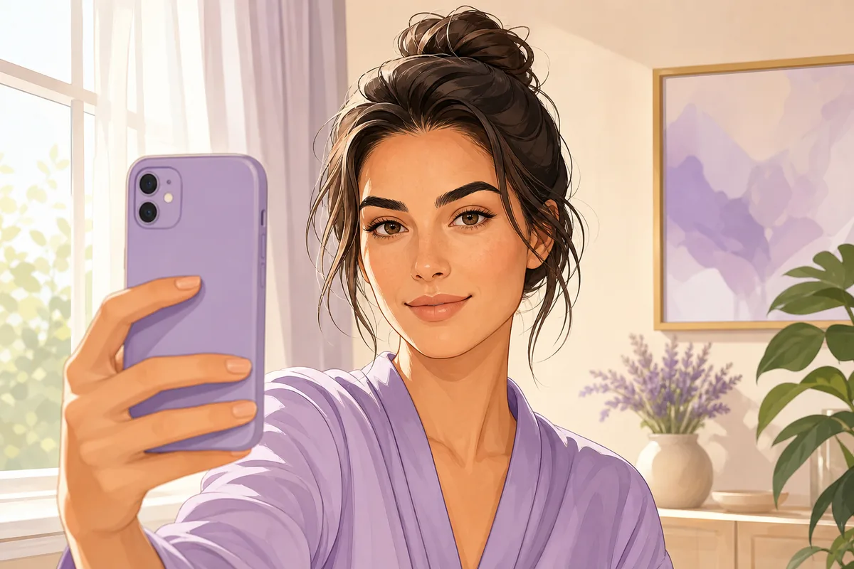 Editorial illustration of a person taking a clear front-facing selfie in soft window light